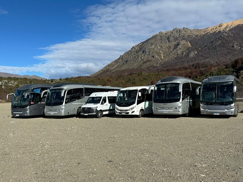 Seis unidades de la flota alineadas, con la montaña y el cielo de fondo